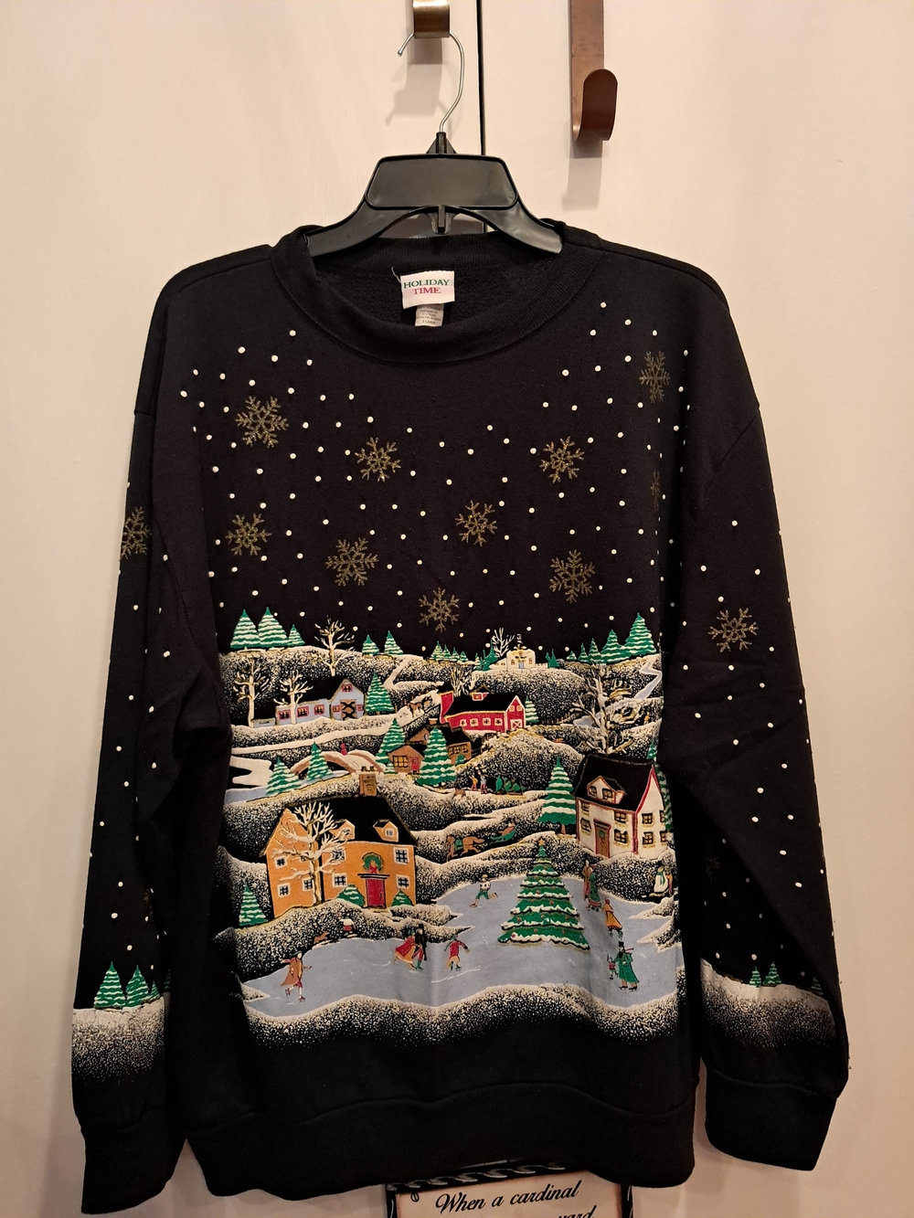 Holiday Time Women's Black Crewneck Sweater with Winter Village Scene